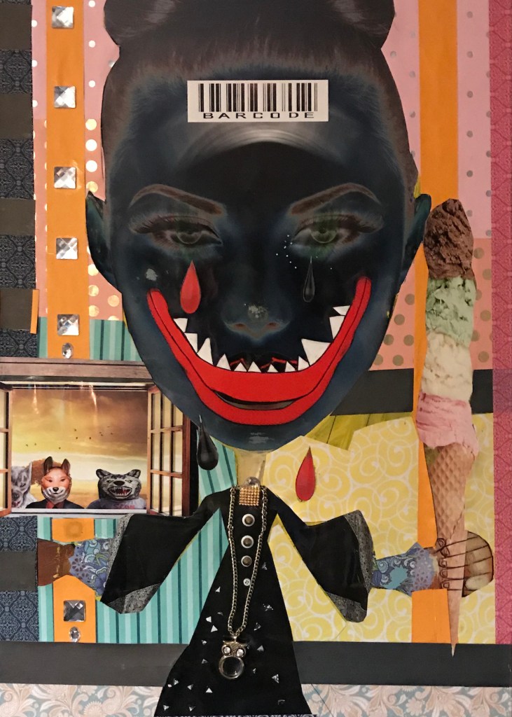  "DOMESTIC GODDESS" Medium MIXED MEDIA WITH OIL, ACRYLIC, FOUND OBJECTS AND A RESIN FINISH Size 24"X36"