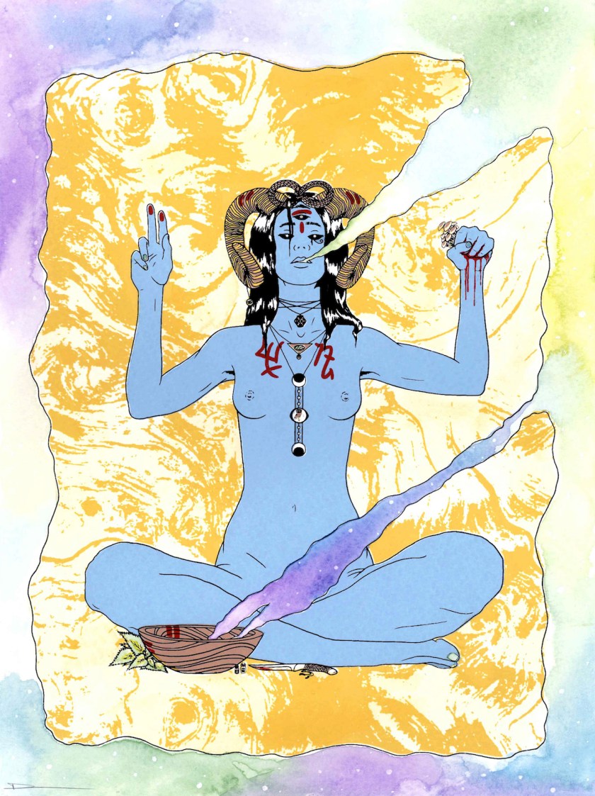 Title Shaman Medium Screenprinted by hand with watercolor detail Size 9"x12"