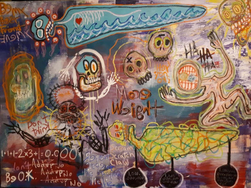 Title More Weight-A look into a sick mind Medium Acrylic and oil stick on stretched canvas Size 36x48