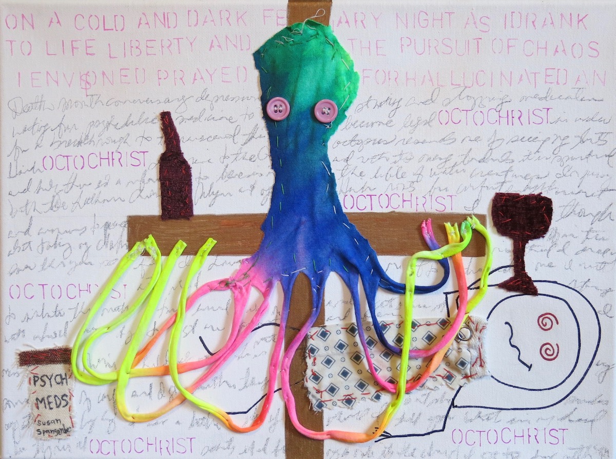 Octochrist pencil, text, marker, psychiatric hospital gown, fabric, buttons (hand sewn) on canvas 12" x 16"
