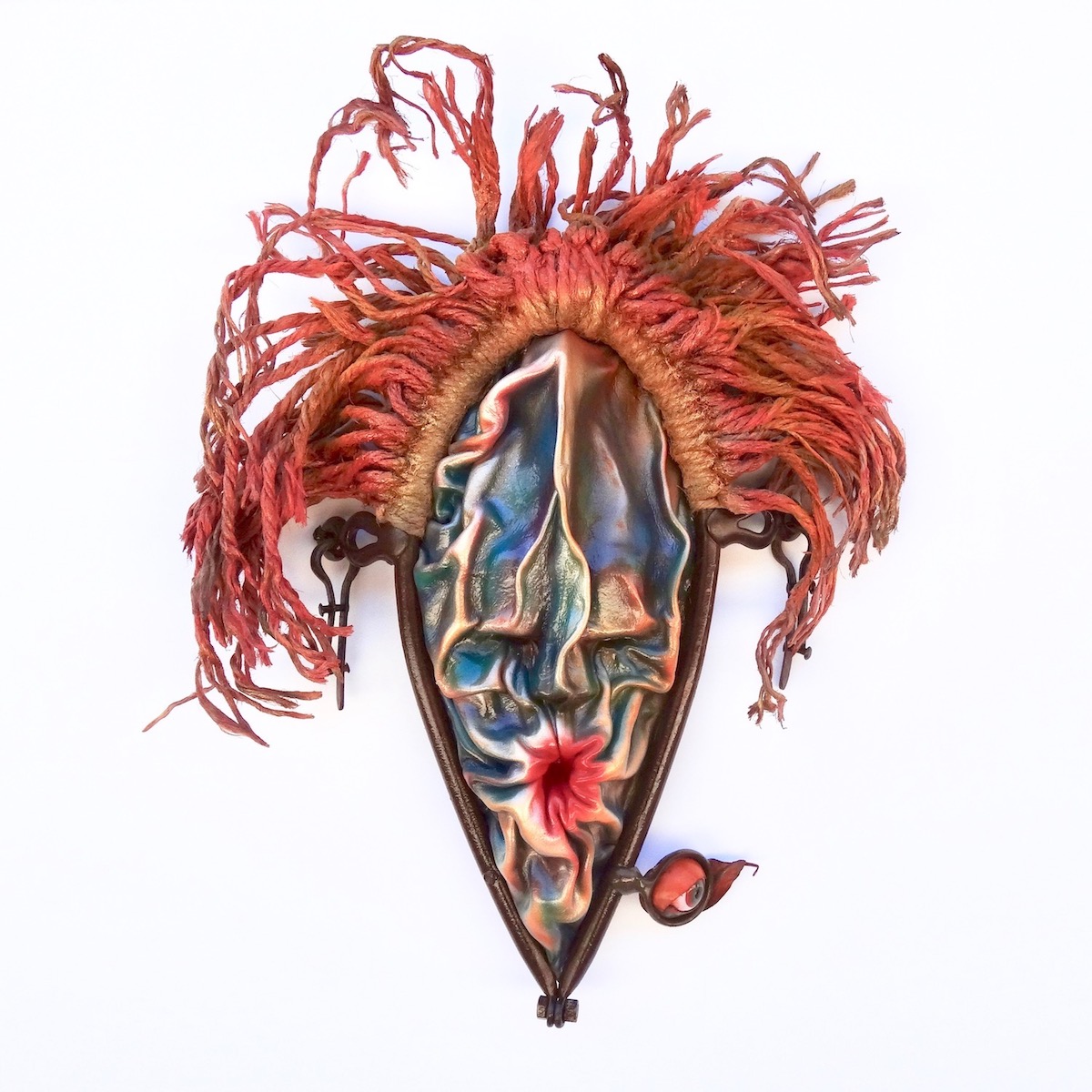 Title Pucker Medium Mixed Media Assemblage, wet molded leather, antique objects Size 26"H x 18"W x5"D