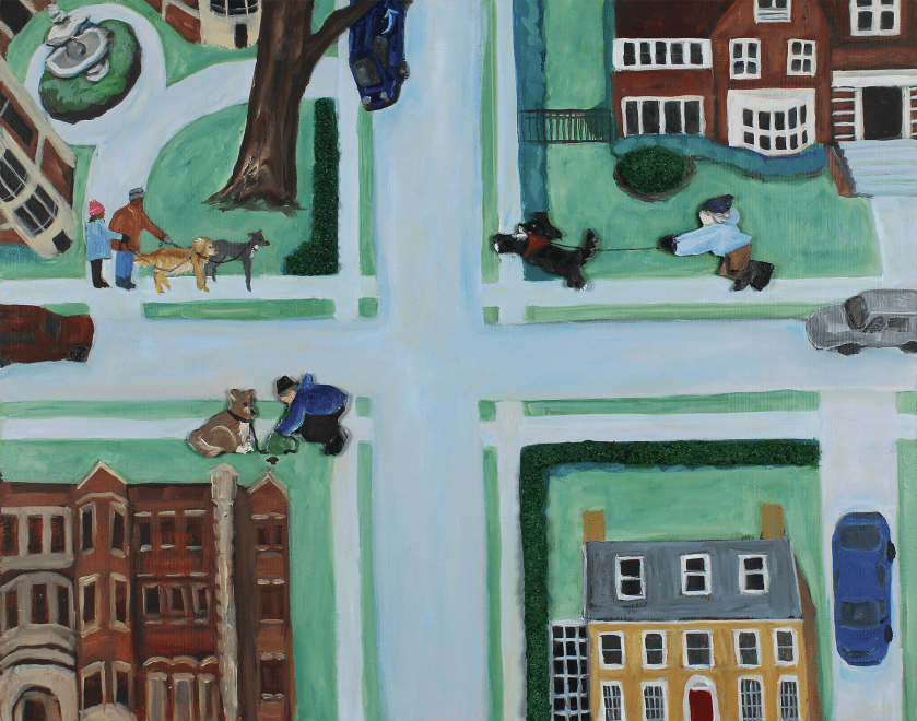 Walking Fiona | Oil, acrylic, cardboard, pumice medium on wood panel | 16" x 20" unframed