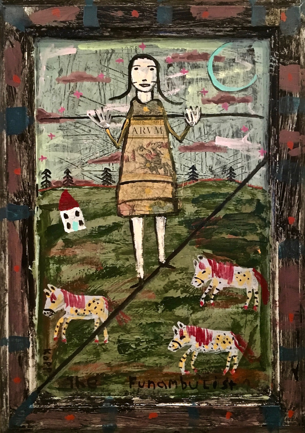 The Funambulist. Medium House paint and collage on cabinet door. Size 18 x 22 inches