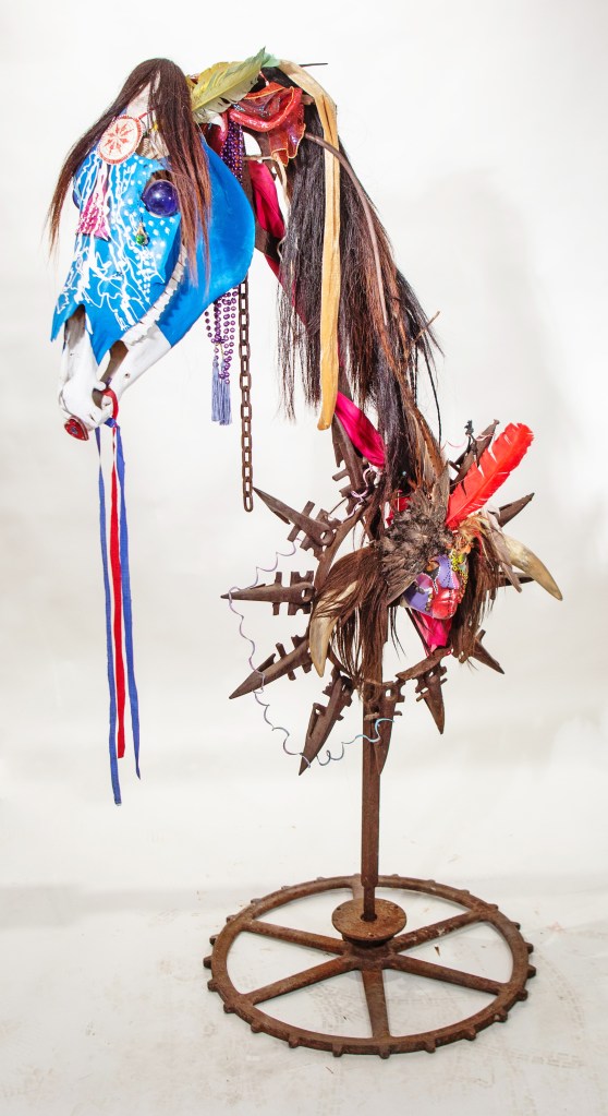 Painted Pony / no.2051 | Sculpture - Iron, Pony Skull, Beads, Found Objects | 67"h x 41"w x 25"d