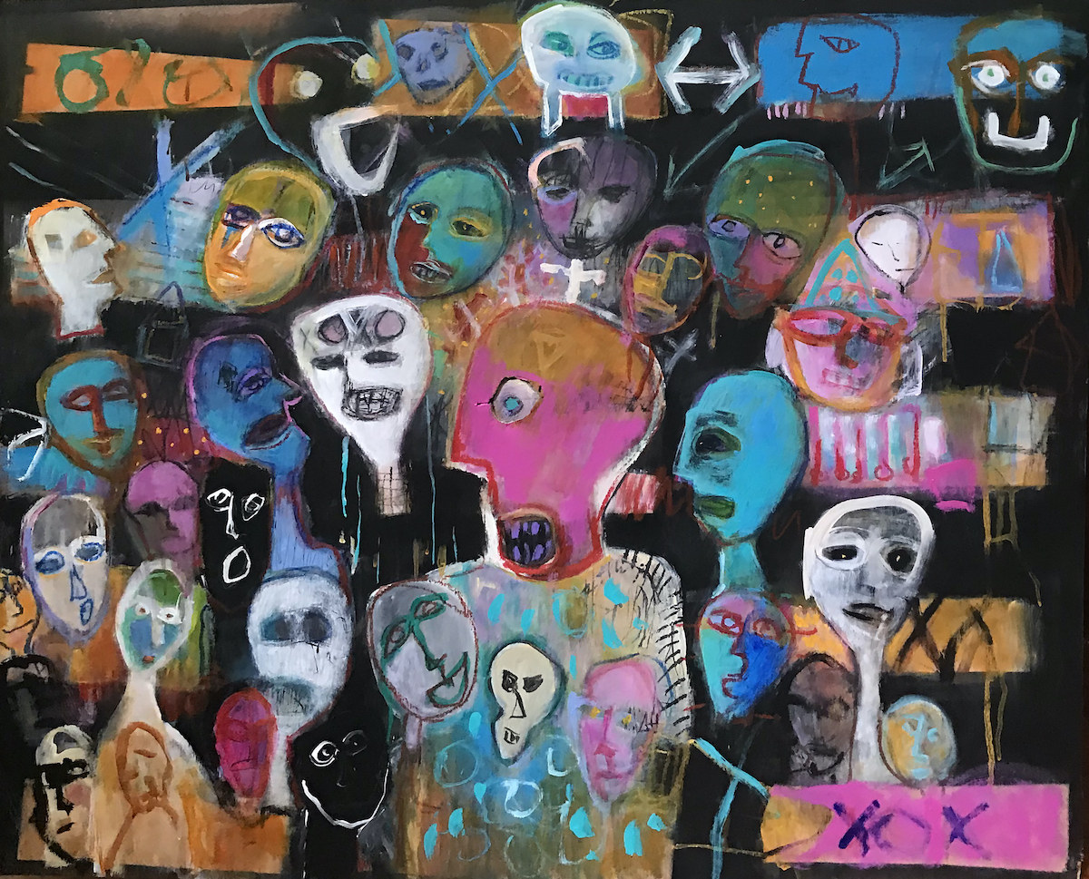 Party in My Head | Mixed media on repurposed wood | 40" x 38"