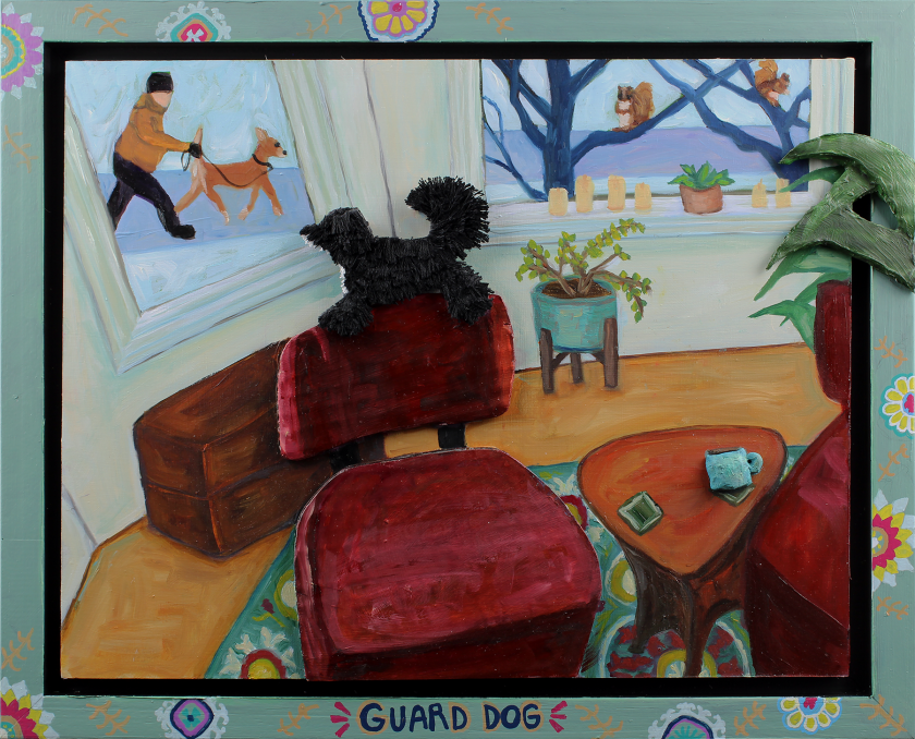 Guard Dog | Oil, acrylic, cardboard, polymer clay, embroidery thread on wood panel | 13" x 16" with hand painted frame