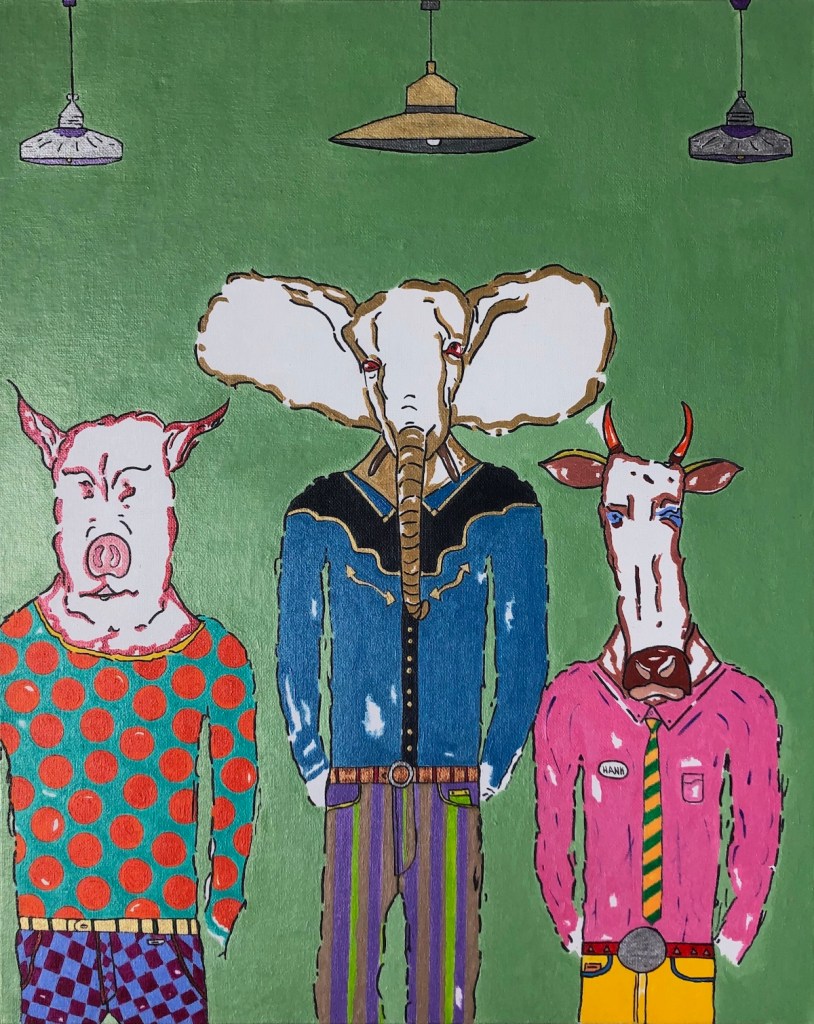  Hank & Polka Dot Pig Medium Acrylic, Pen on Canvas Board Size 16"x20"