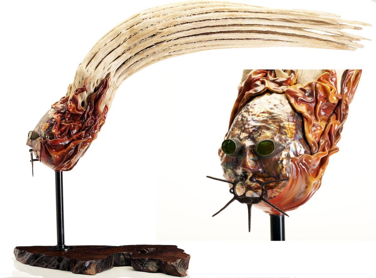 Title Sonoran Fireball Medium Mixed Media Assemblage, wet molded leather, hand hammered copper, antique objects Size 36"H x 21" W x 48"D