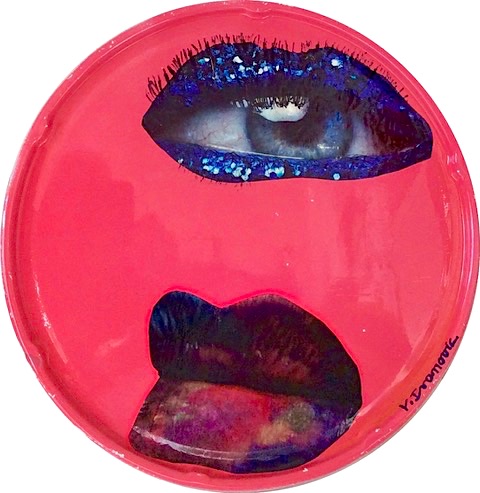 Blue Lips | Collage and acrylics on metal | D 13"