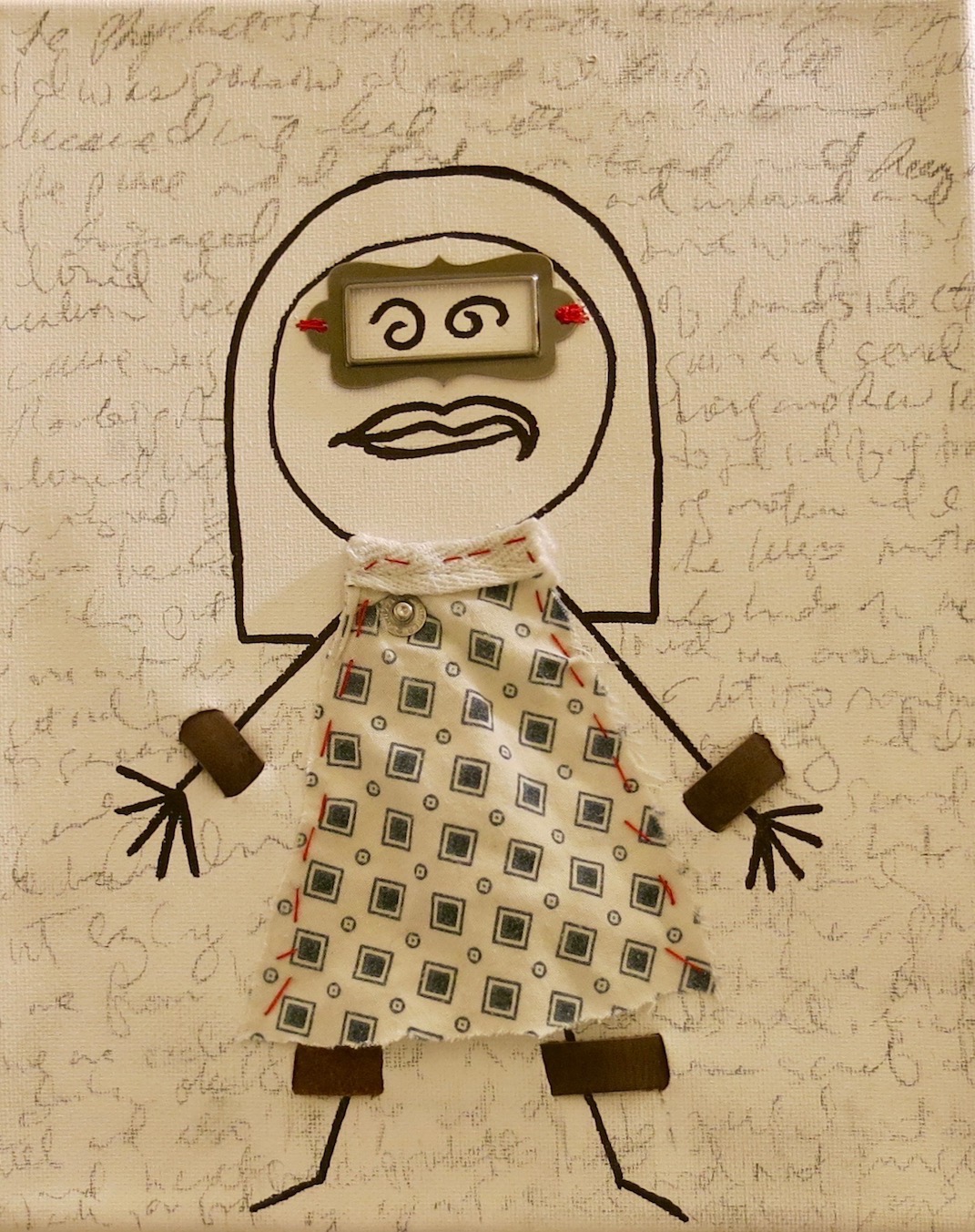 Girl In Restraints Looking Through The Seclusion Room Window<br>Girl In Restraints Looking Throughpsychiatric hospital gown, leather, pencil, marker, metal on canvas 2019 (hand sewn) <br>8" x 10"