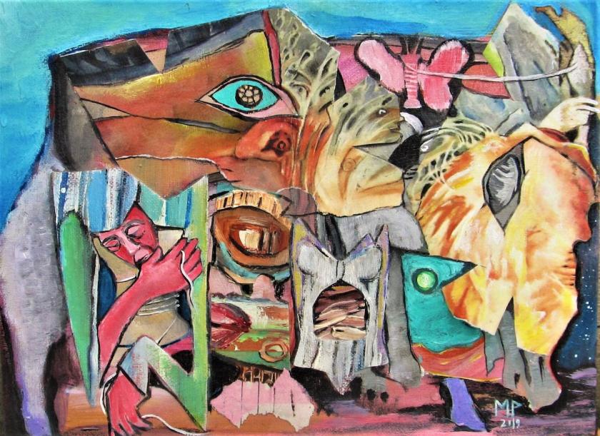  The lost i is in the spool of the cocoon | Acrylic on canvas, collage | 9inx12in